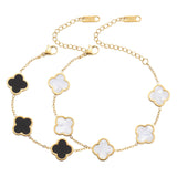 AIPPK 18K Gold Plated Clover Lucky Bracelet for Women White/Black/Red/Green Flower Four Leaf Link Bracelets Trendy Jewelry Gifts for Women (White+Black)
