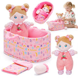 OUOZZZ 10" Soft Baby Doll Set with Plush Doll, Bassinet, Blanket and Bottle, Baby Doll Accessories Pretend Playset Emotional Social Doll for 2 Year Olds Girls Christmas Birthday Gift