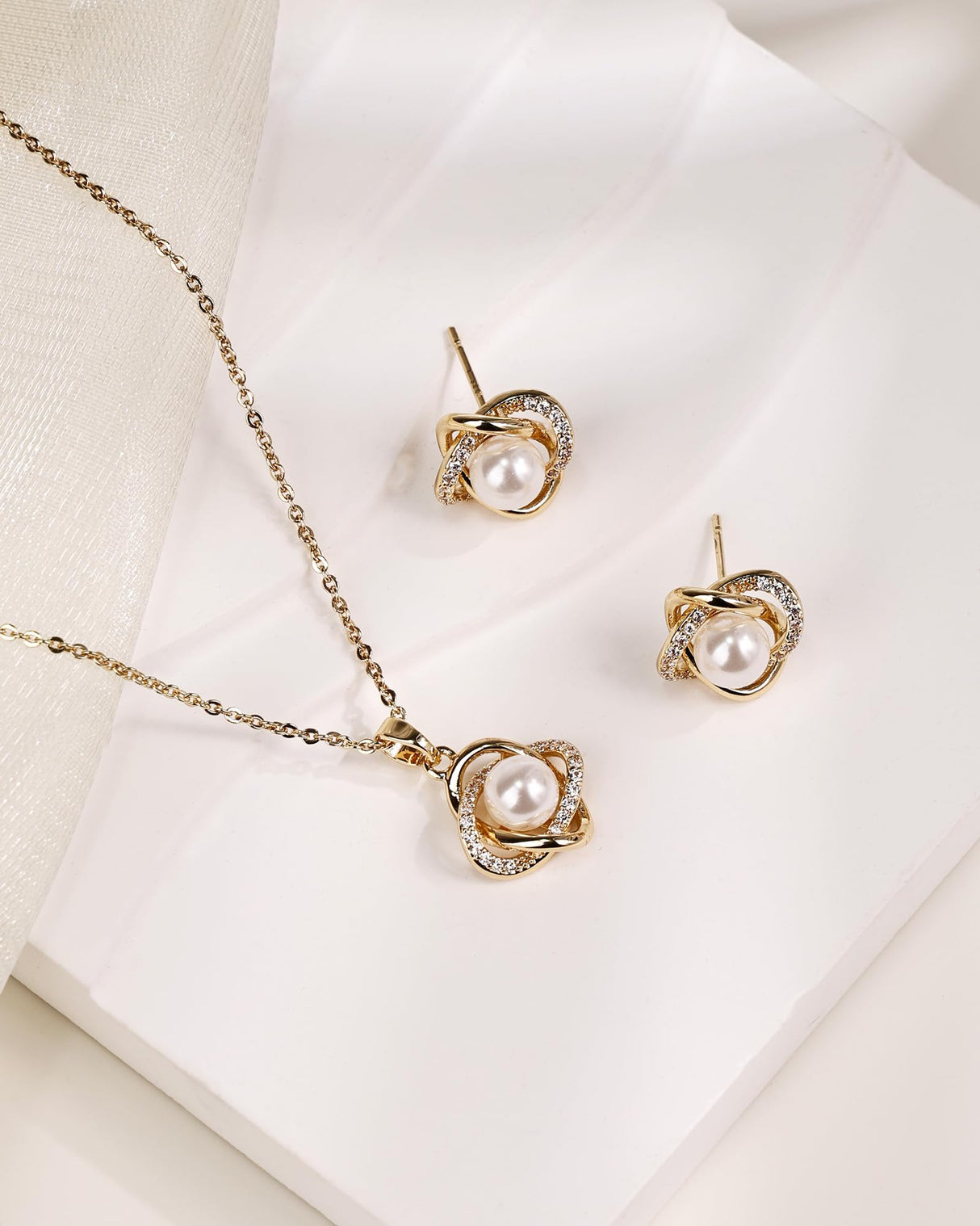 Teppdfann 14K Gold Plated Pearl Jewelry Set for Women - Matching Pearl Necklace and Earring Set with Wrapped Design, June Birthstone Jewelry Set for Gift