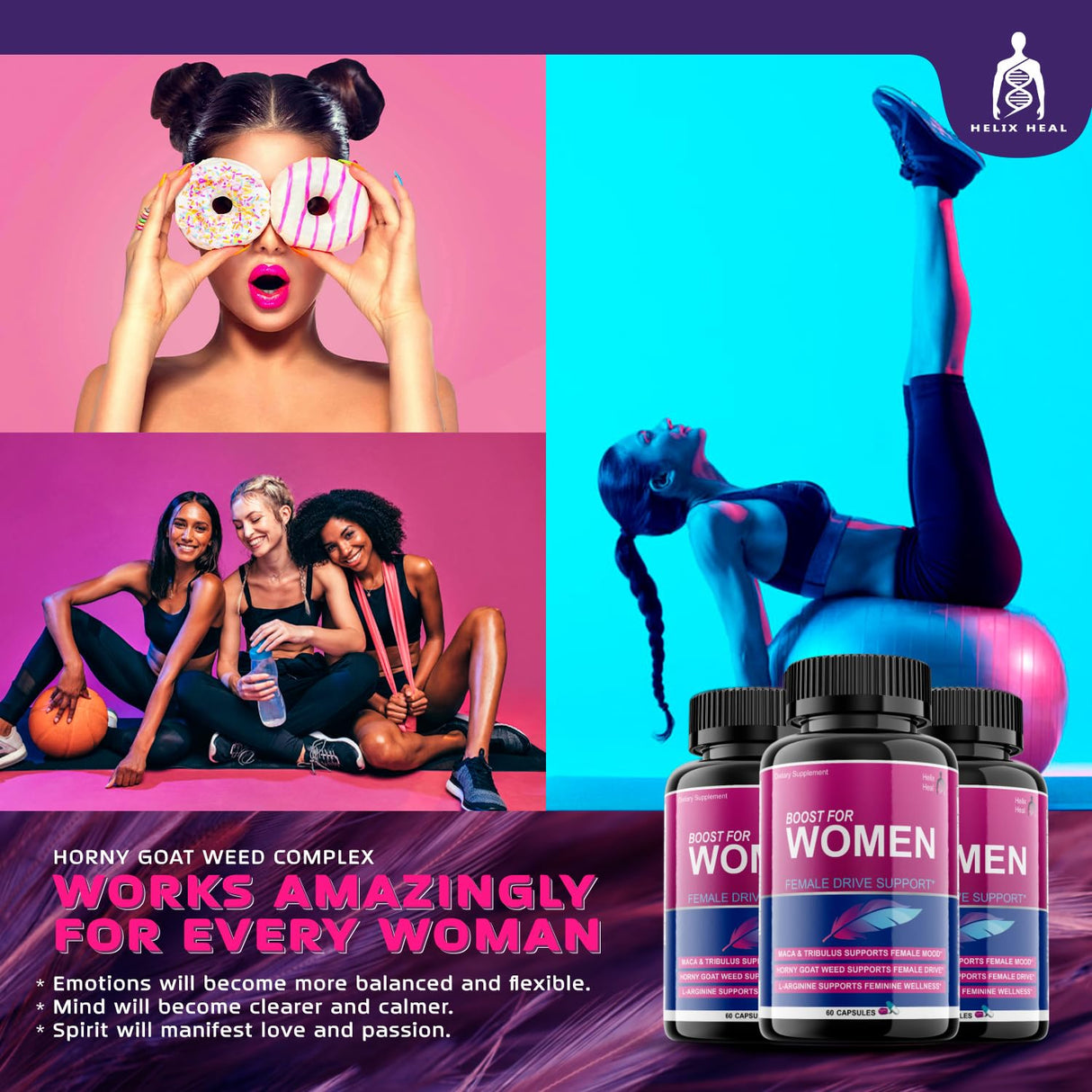 Helix Heal Libido Booster for Women Fast Acting with Horny Goat Weed - Female Desire Pills with Maca Root, Tribulus Terrestris, Ginseng and Hornygoatweed Women - Hormone Balance, Made in USA (60 ct)