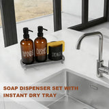 TOLDATLI Hand and Dish Soap Dispenser Set, Kitchen Soap Dispenser Set with Sponge Holder, 16.9oz Amber Glass Dispenser, Waterproof Labels, Instant Dry Tray|Upgrade for Your Kitchen and Bathroom