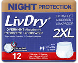 LivDry Adult XXL Incontinence Underwear, Overnight Comfort Absorbency, Leak Protection, XX-Large, 12-Pack