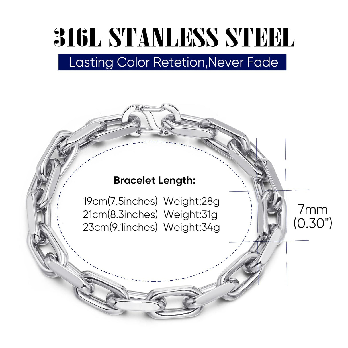 VNOX Link Chain Bracelets for Men - Cool Mens Bracelets Diamond-Cut Paperclip Solid Chain Bracelet Chunky Stainless Steel Jewelry Trendy Gifts for friend Teen (Silver, 8)