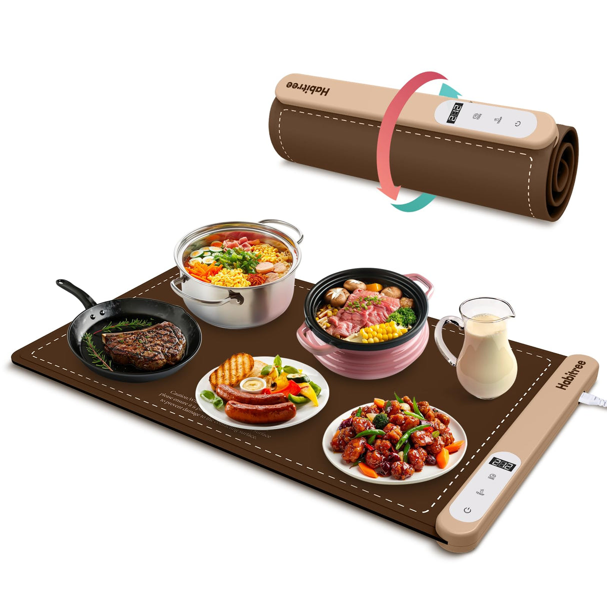 Warming Silicone Mat for Food - Day Gifts Kitchen Gadget, Graphene Rapid Heating, Warming Tray with 6-Level Temp Control, Rollable, Easy Clean - for Parties, Gatherings (Brown)