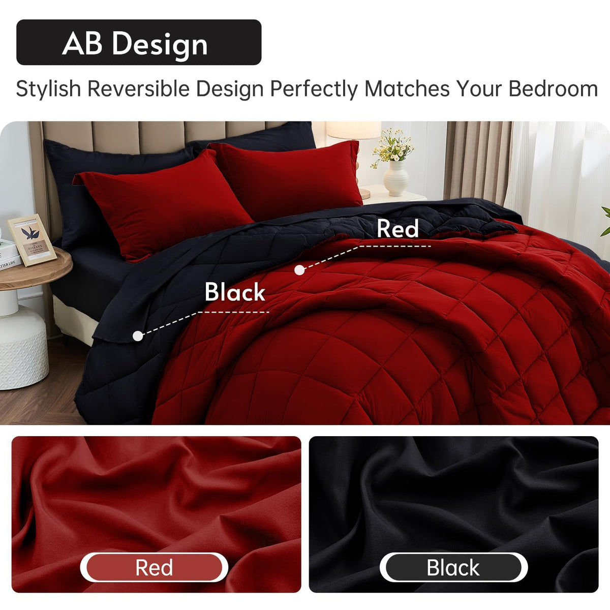 MUXHOMO Queen Comforter Set 7 Pieces, Reversible Bed in a Bag, Red/Black