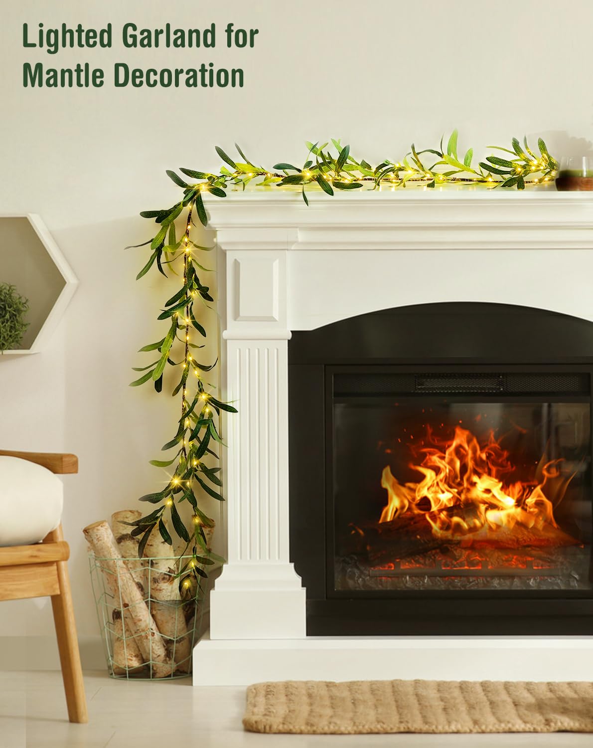 JMEXSUSS 100 LED 6 Ft Artificial Olive Lighted Garland for Fireplace Decor