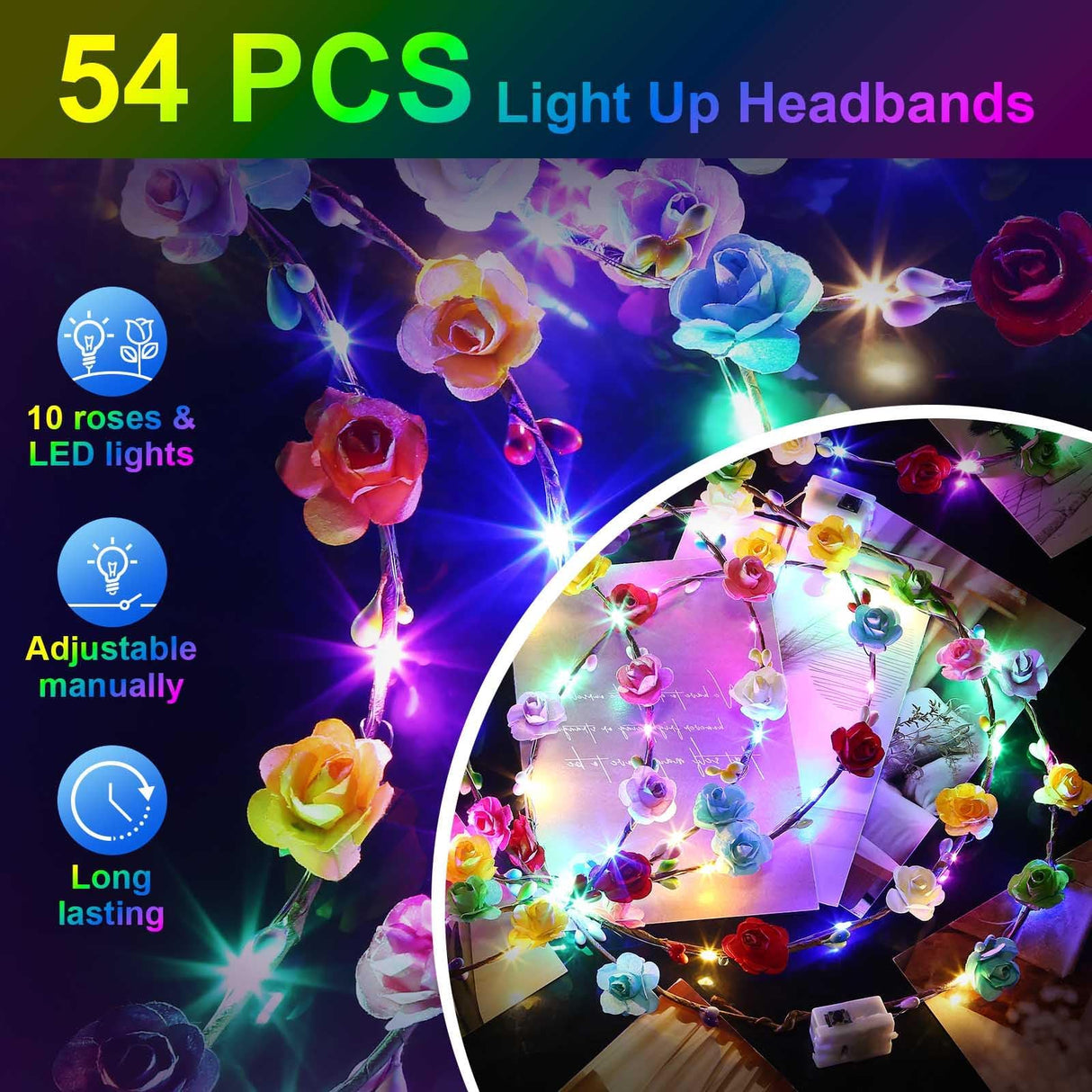 HONLYNE 54 PCS LED Flower Crowns Headbands, Light Up Flower Crowns For Women, Glow in the Dark Headband for Wedding Reception Mardi Gras Cosplay Princess Party Favors Birthday Christmas Halloween