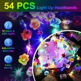 HONLYNE 54 PCS LED Flower Crowns Headbands, Light Up Flower Crowns For Women, Glow in the Dark Headband for Wedding Reception Mardi Gras Cosplay Princess Party Favors Birthday Christmas Halloween