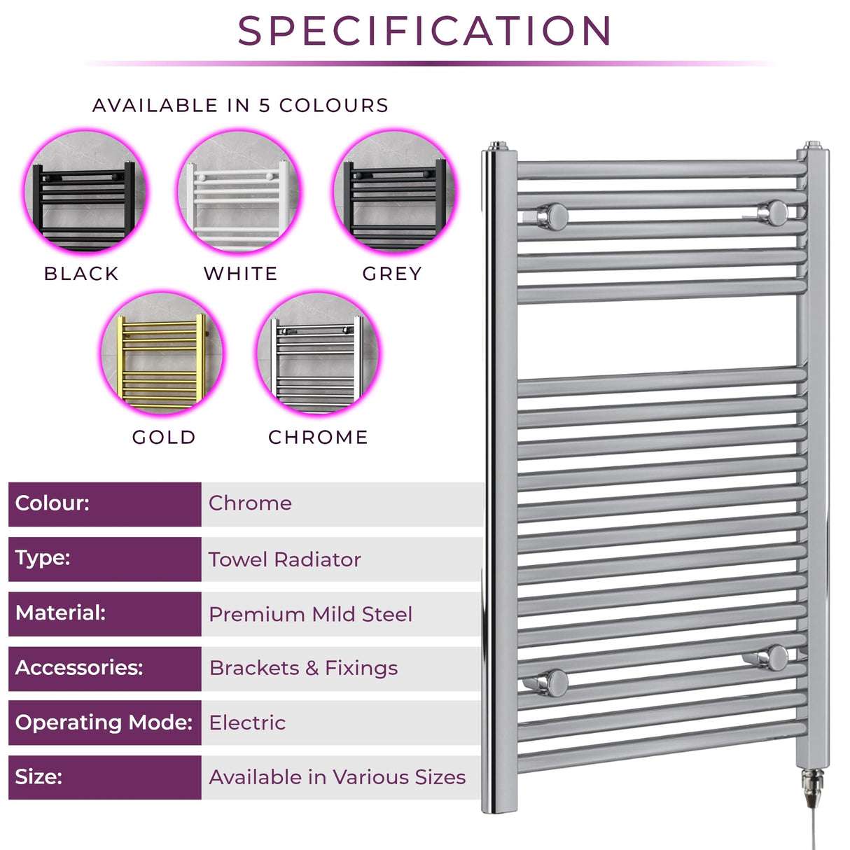 Newark Chrome Electric Towel Radiator | Towel Warmer Radiator Rail | Bathroom Heated Towel Ladder Rail | 770 x 500