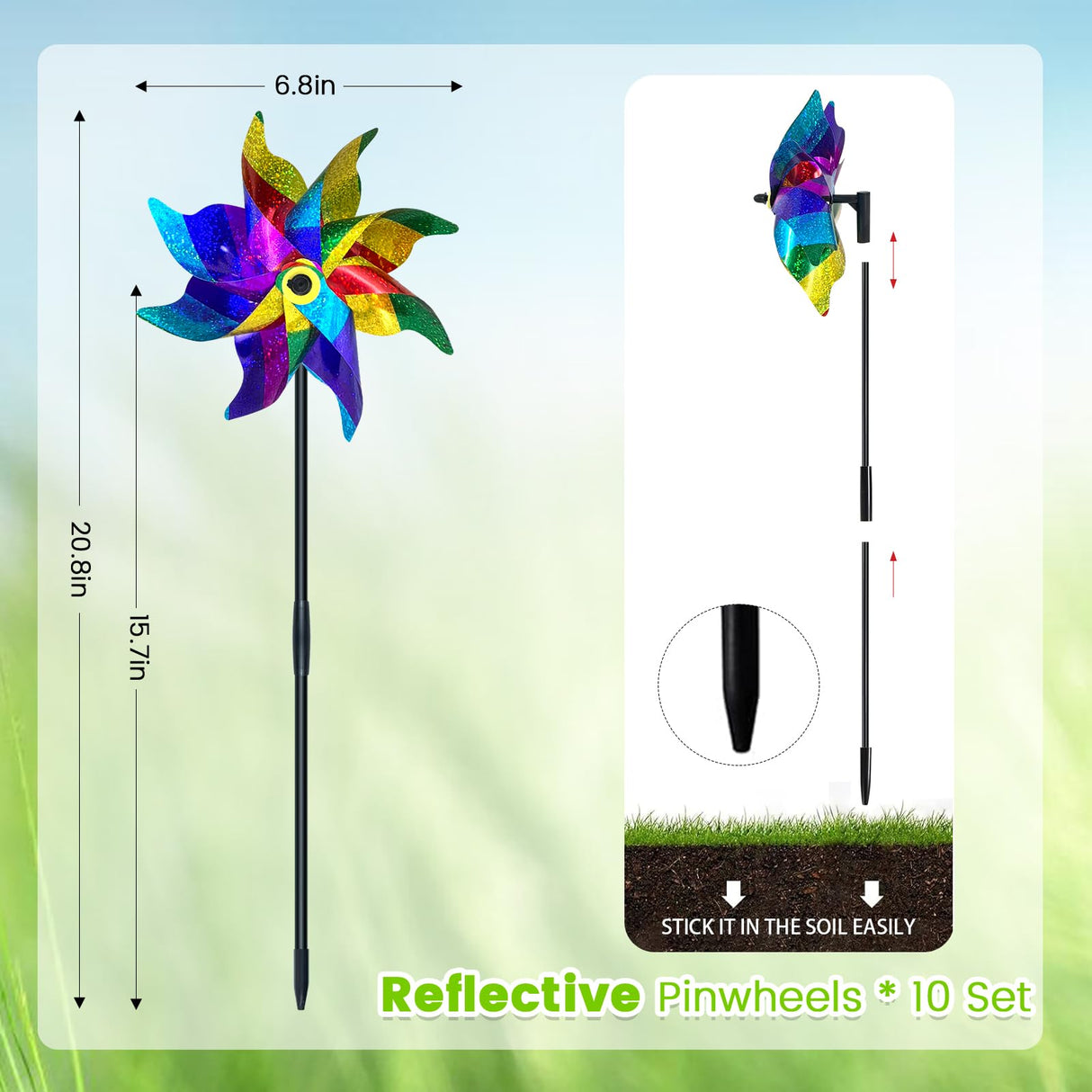 DECEED 10 PCS Reflective Pinwheels for Yard and Garden Bird Devices Pre-Installed Sparkly Wind Spinner Deterrent to Scare Birds Away from Yard Patio Farm (Multicolor-1)