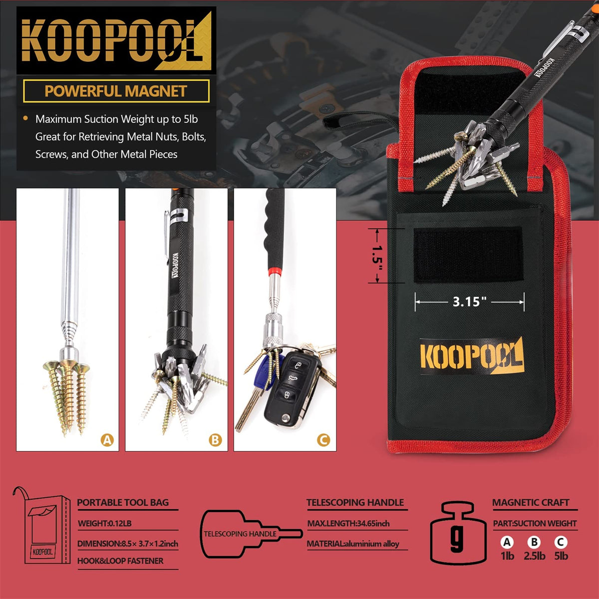 Telescoping Magnetic Pickup Tool Set, Inspection Mirror Telescoping, LED Flashlight, Cool Gadgets for Men, Stocking Stuffers, Gifts for Dad, Husband, Kids, Boyfriend, Magnet Stick(Red)