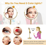 Lighted Makeup Mirror, 3000 mAh Rechargeable Double Sided Magnifying Vanity Mirror with 3 Colors, 1x/10x, 360° Rotation , Brightness Adjustable Magnification Cosmetic Light up Mirror, Women Gift