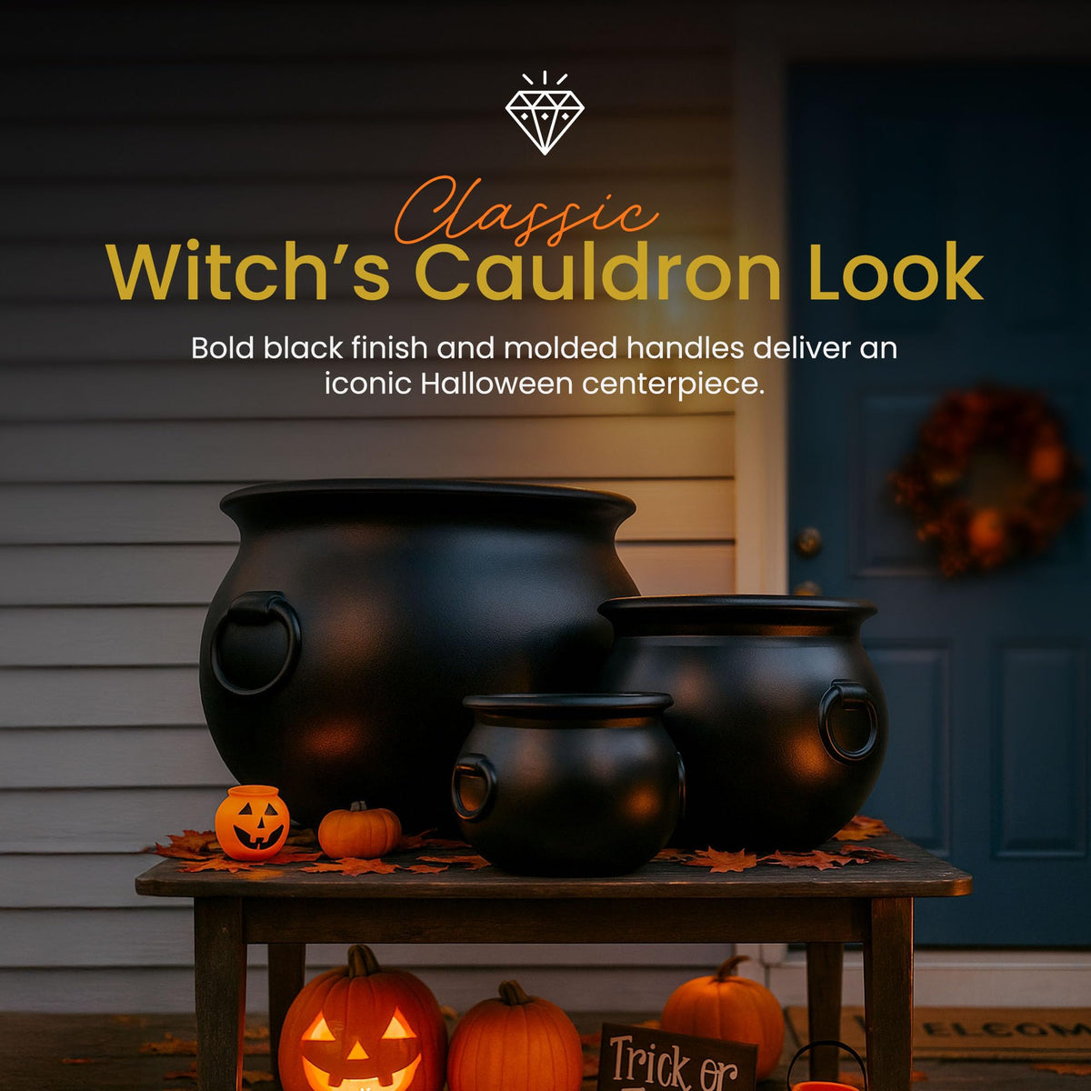 Union Products Black 16 Inch Spooky Witch Cauldron for Indoor and Outdoor Halloween Decoration and Trick or Treat Candy Container, Black