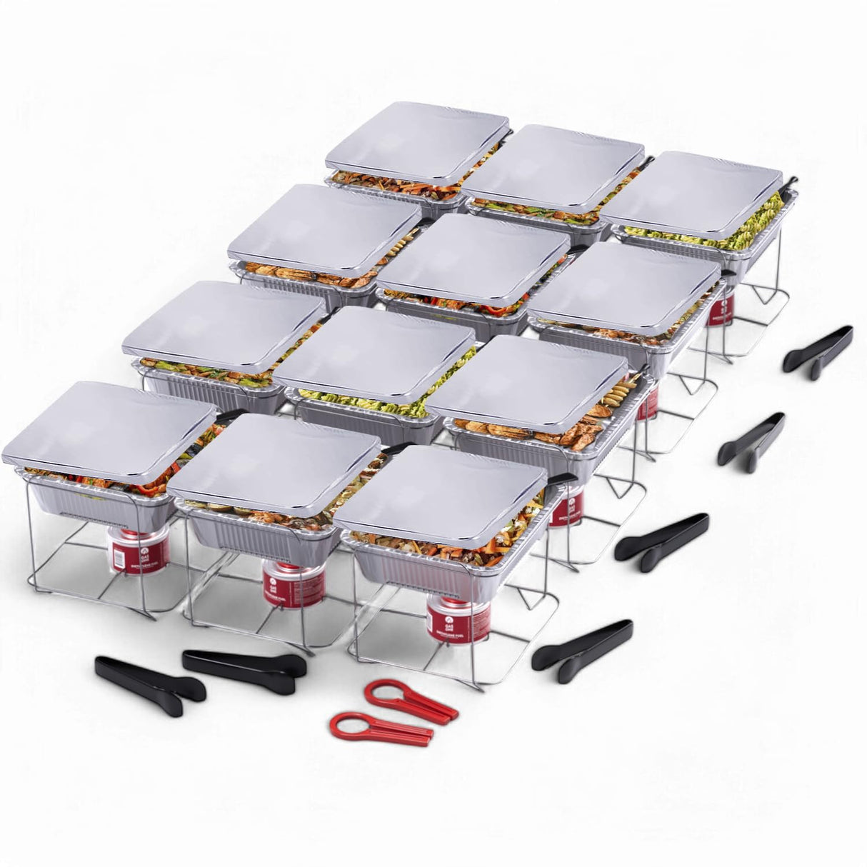 Alpha Living 12 Pack - Disposable Chafing Dish Buffet Set, Welded Body Food Warmers for Parties, 2hr Fuel Cans Complete Set, Half Size Pans, Warming Trays