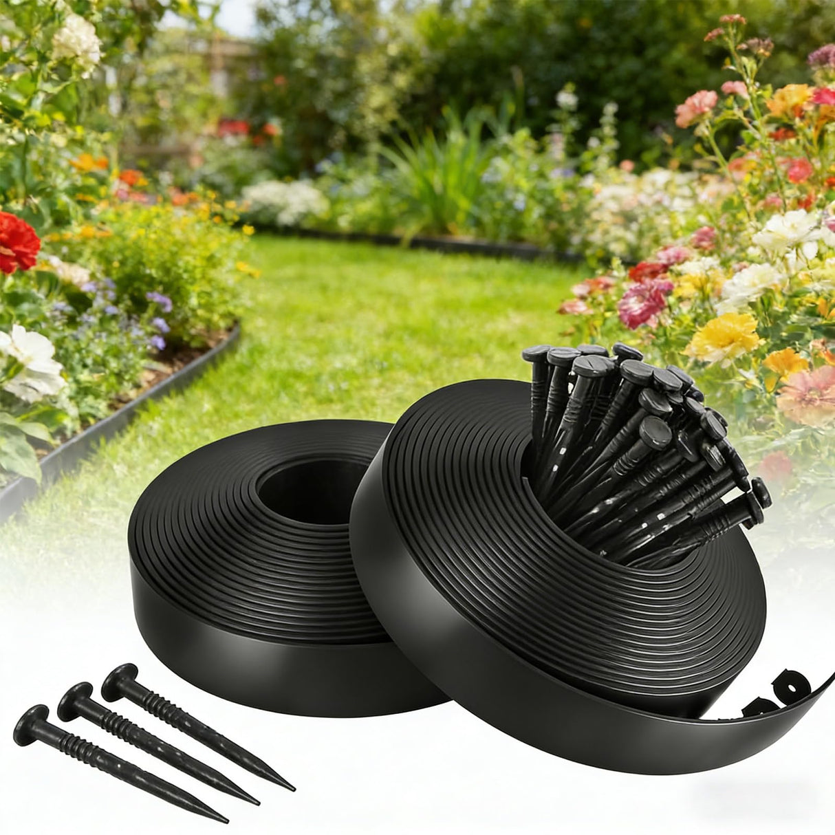 Garden Edging Border/Landscape Edging,100FT 2 Inch Tall Plastic Flexible Lawn Border with 150 Stakes,No Dig Garden Edging Kit for Landscaping,Garden Bed,Yard,Flower Bed,Pathway