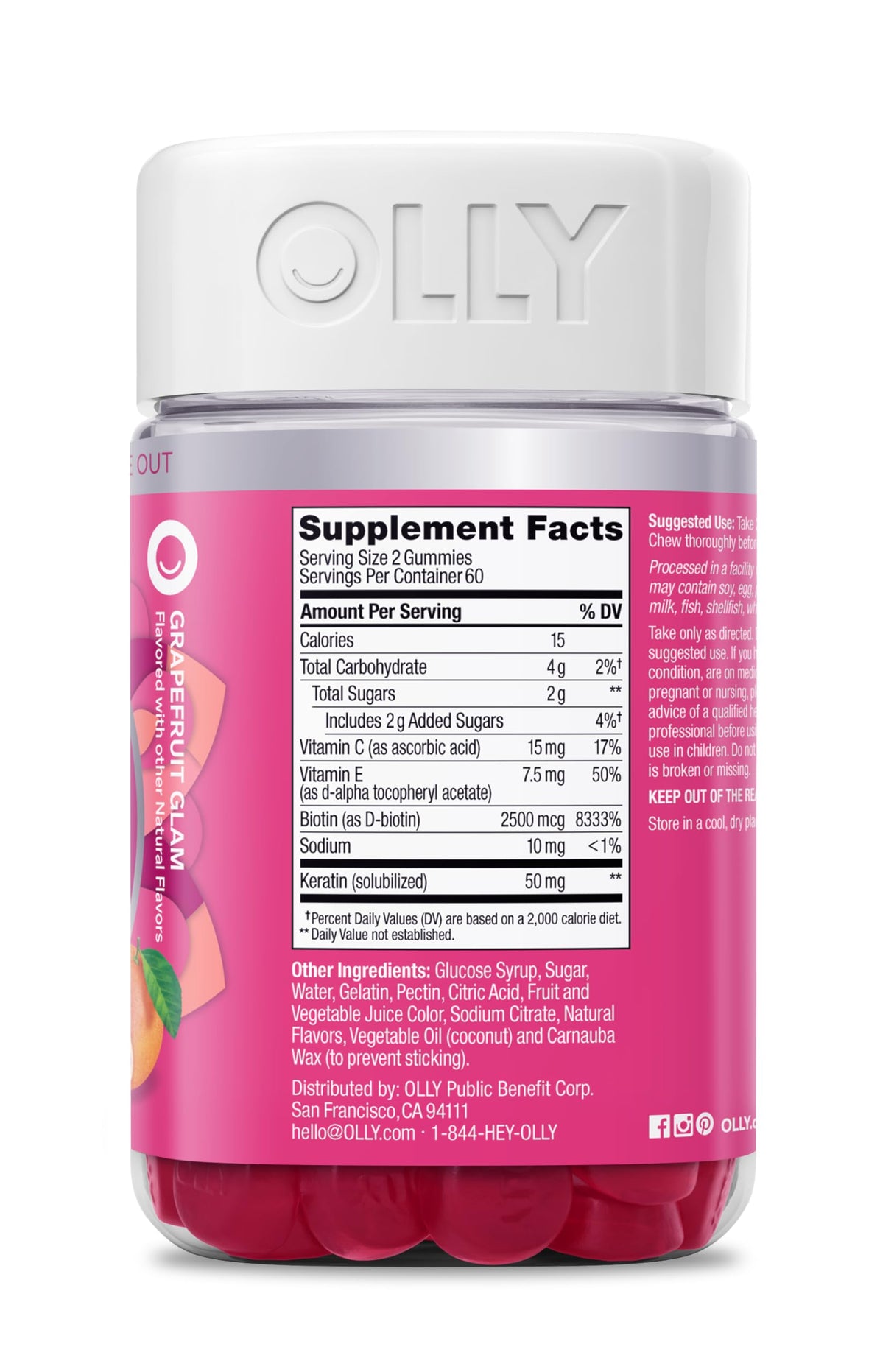 OLLY Undeniable Beauty Gummy, for Healthy Hair, Skin & Nails,* Biotin, Vitamins C & E, Keratin, Chewable Supplement, Grapefruit Flavored, 60 Day Supply - 120 Count