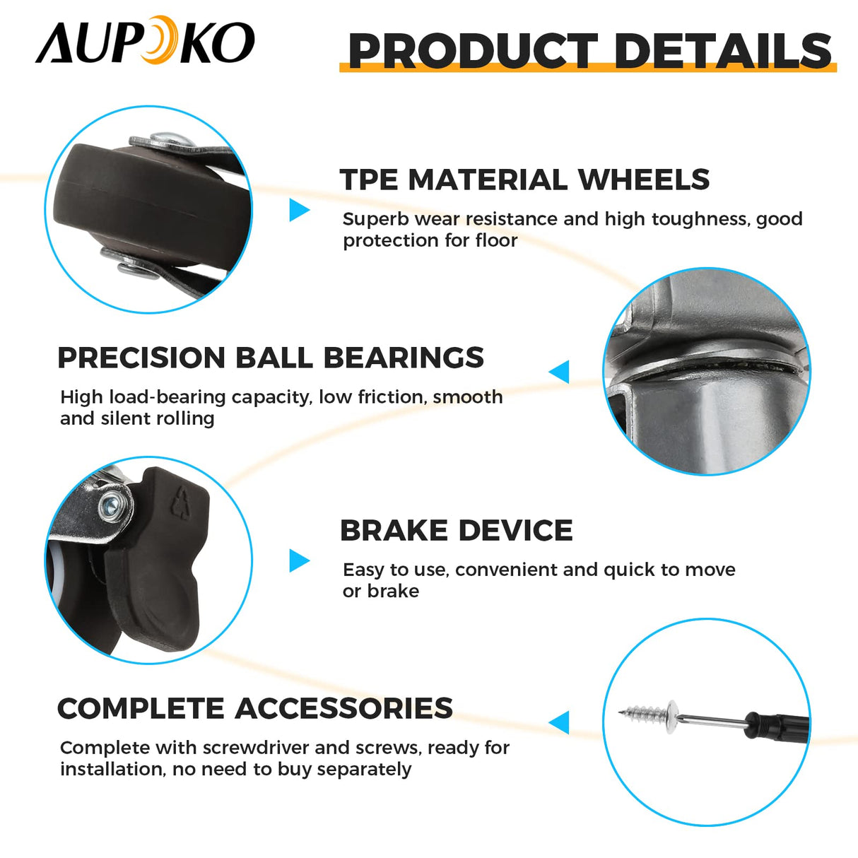 4Pcs Castors for Furniture, 32mm Swivel Castor 2 with Brakes + 2 without Brakes, L-Shaped Heavy Duty Castors Transport Castors with Screws and Screwdrivers for Furniture Cupboard Table Beach Chair