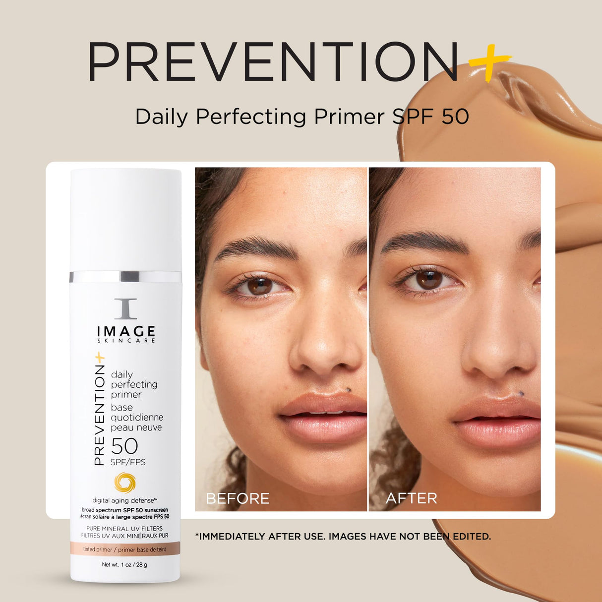 IMAGE Skincare, PREVENTION+ Daily Perfecting Primer SPF 50, Tinted Zinc Oxide Face Priming Sunscreen Lotion, Leaves No White Cast, 1 oz