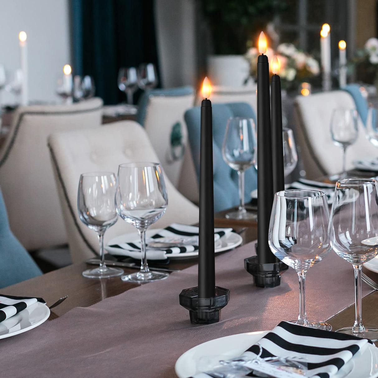 Macarrie 24 Packs Flameless Taper Candles Battery Operated Fake 11 Inch Long Candle Light LED Flameless Candlesticks Flickering Tapered for Wedding, Halloween, Christmas(Black)