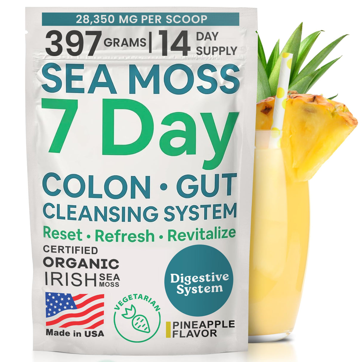 Atlantic Naturals Sea Moss 7-Day Colon & Gut Purification - Golden Flax Seeds, Psyllium Husk, Senna Powder, for Women & Men - Pineapple Flavor Drink Mix (14 oz)