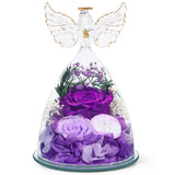 FIACO Gifts for Women Mom Preserved Rose Forever Flower in Glass Angel Figurine Fresh Flowers for Delivery Birthday Gifts for Grandma Wife Sister Christmas Anniversary Eternal Purple Roses