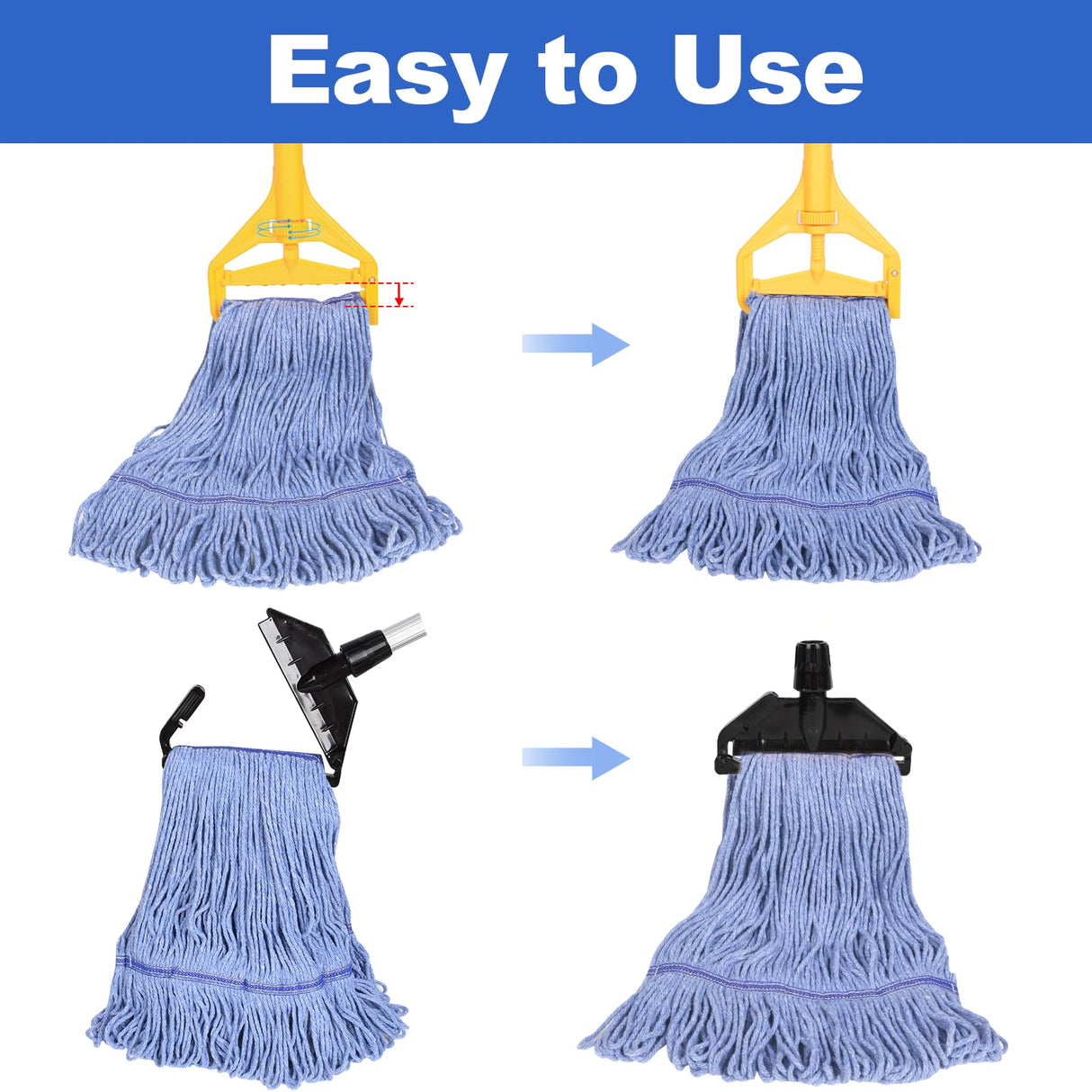 HiBaby 4 Pack Commercial Mop Head Replacement, Heavy Duty Mop Head Commercial Replacement for General and Floor Cleaning, Wet Industrial Blue Cotton Looped End String Head Refill (Blue)