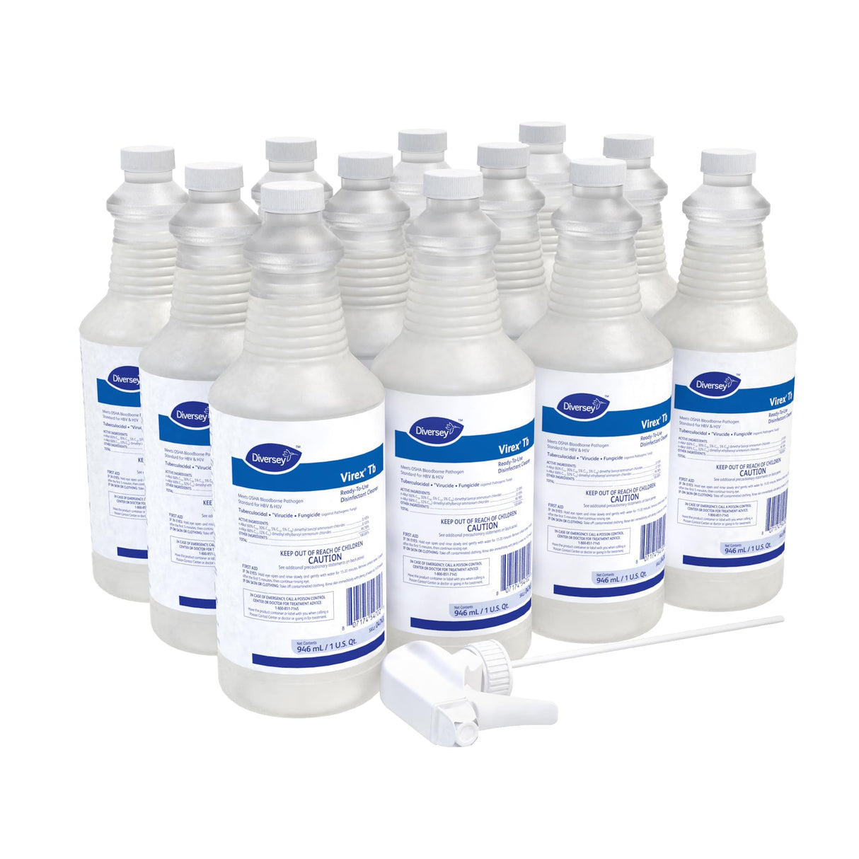 Diversey VIREX Tb 04743 Disinfectant Cleaner, Hospital Use Tuberculocidal, Virucide, Fungicide with Lemon Scent, Ready-to-Use, For Home & Commercial Use, 32-Ounce (12 Pack & 1 Reusable Sprayer Nozzle)