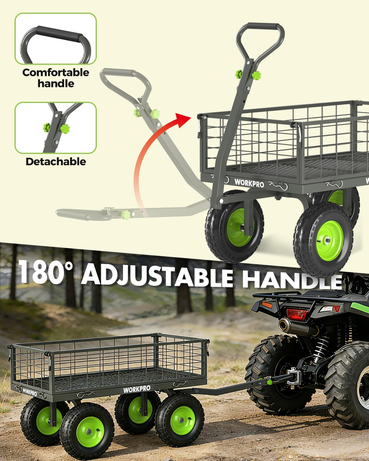 WORKPRO Large Heavy Duty Garden Cart 770 lb, 2-in-1 Convertible Utility Wagon with Removable Sides, 180° Tow Handle for ATV or Lawn Tractor, 270° Steering, Extra Large Yard Cart with All Terrain Tires