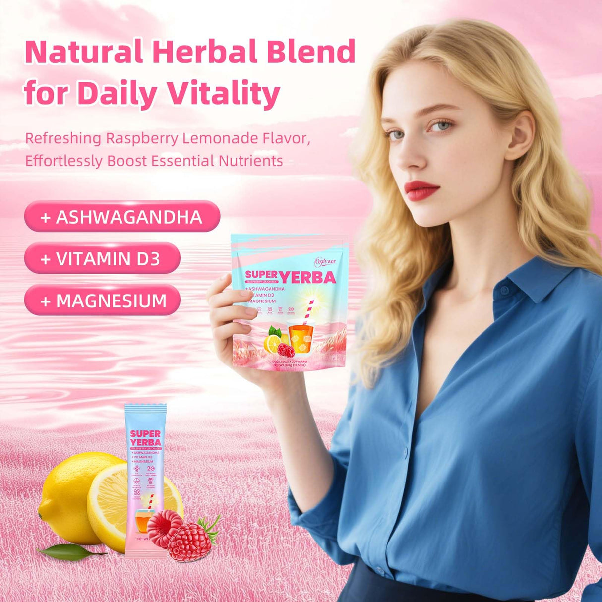 Super Yerba, Yerba Mate Instant Tea Powder –Raspberry Lemonade Flavor, Natural Energy & Focus Boost-30 Servings (1)