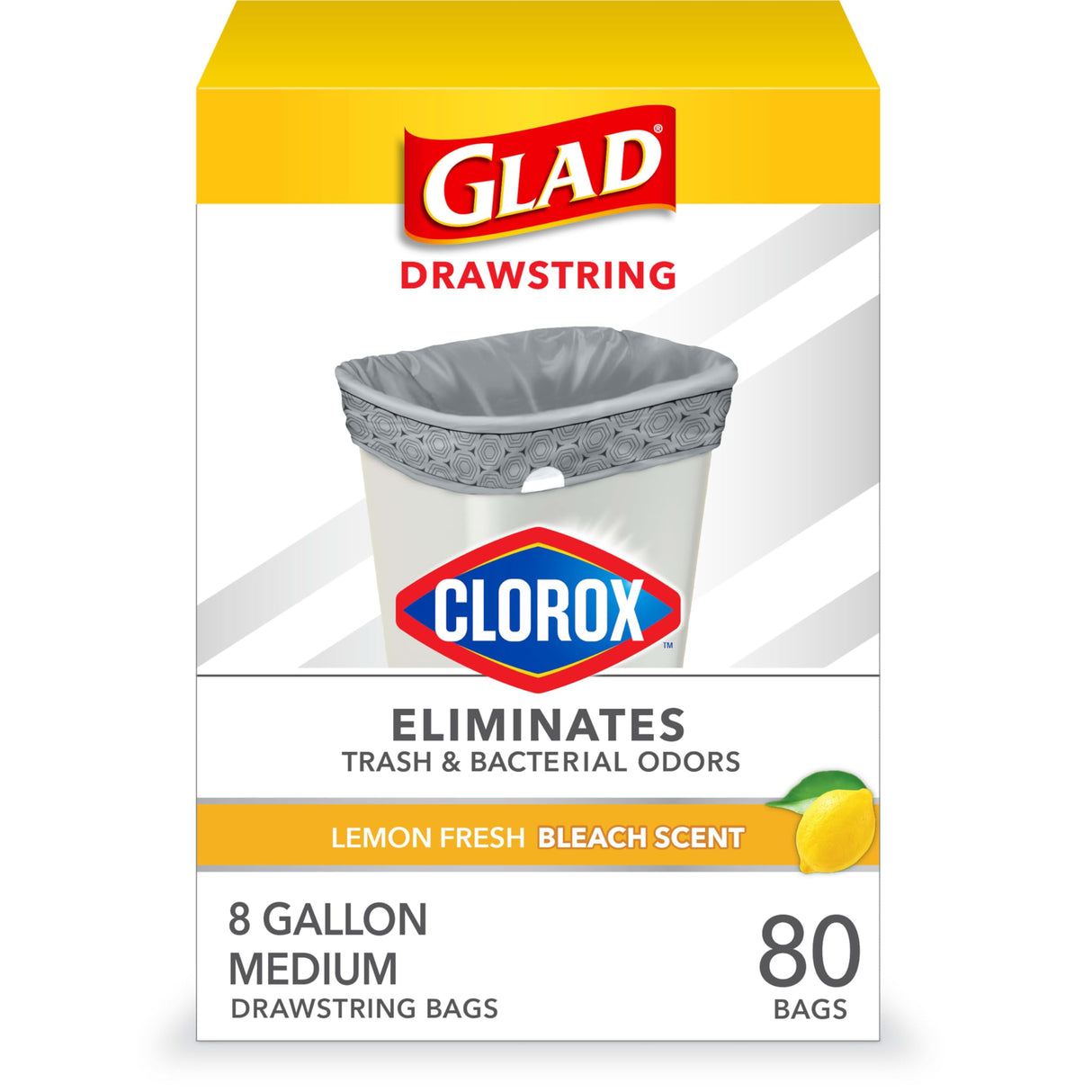 Glad Medium Drawstring Trash Bags with Clorox, 8 Gal, Lemon Fresh Bleach, 80 Ct (Package May Vary)