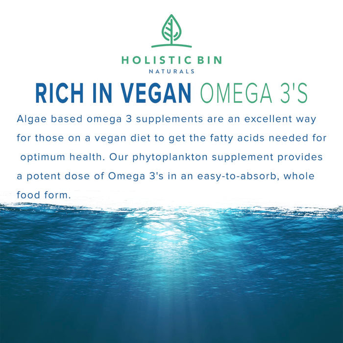 Holistic Bin Marine Phytoplankton Powder Naturally Grown in Nordic Seawater | Vegan Omega 3 Supplement | Rich in Amino Acids, Chlorophyll, Vitamins, & Trace Minerals (50g)