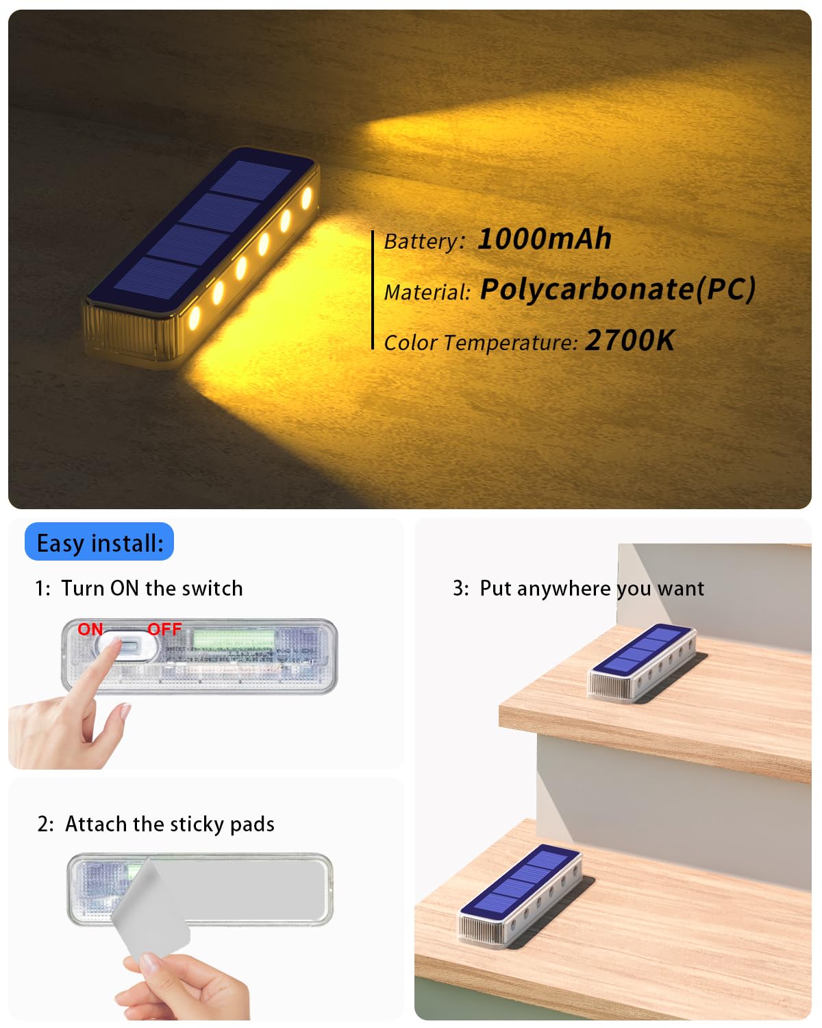 DetarZinLED Solar Step Lights for Outside,4 Pack Solar Stair Lights Outdoor Waterproof,Warm White Deck Light Solar Powered Waterproof for Steps,Stairs,Walkway,Sidewalk,Patio,Pathway