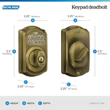 Schlage Camelot Electronic Keypad Deadbolt Lock, Keyless Front Door Entry, Mechanical Key Backup Included, Antique Brass, BE365 CAM 609