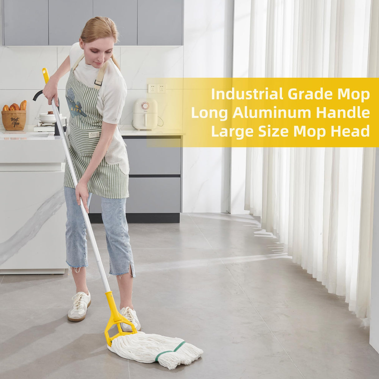 Midoneat Commercial Heavy Duty Industrial Mop with Long Handle,59" Looped-End String Wet Cotton Mops for Floor Cleaning, Including Three mop Head Replacement
