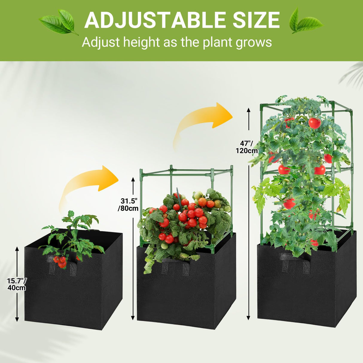 MQHUAYU 2 Pack Tomato Cages with 17 Gallon Grow Bags, 47” Heavy Duty Square Tomato Plant Stakes Support Cages Trellis for Garden Climbing Vegetables Flowers Fruits (47IN Tall, Extra-Bold)
