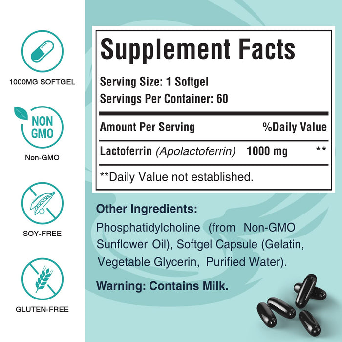 Pepeior Liposomal Lactoferrin 1000 mg Diet - Maximized Lactoferrin - A Component in Colostrum - for Iron Absorption & Immune Function Lactoferrin Supplements for Adults, 60 Softgels (1 Bottle)
