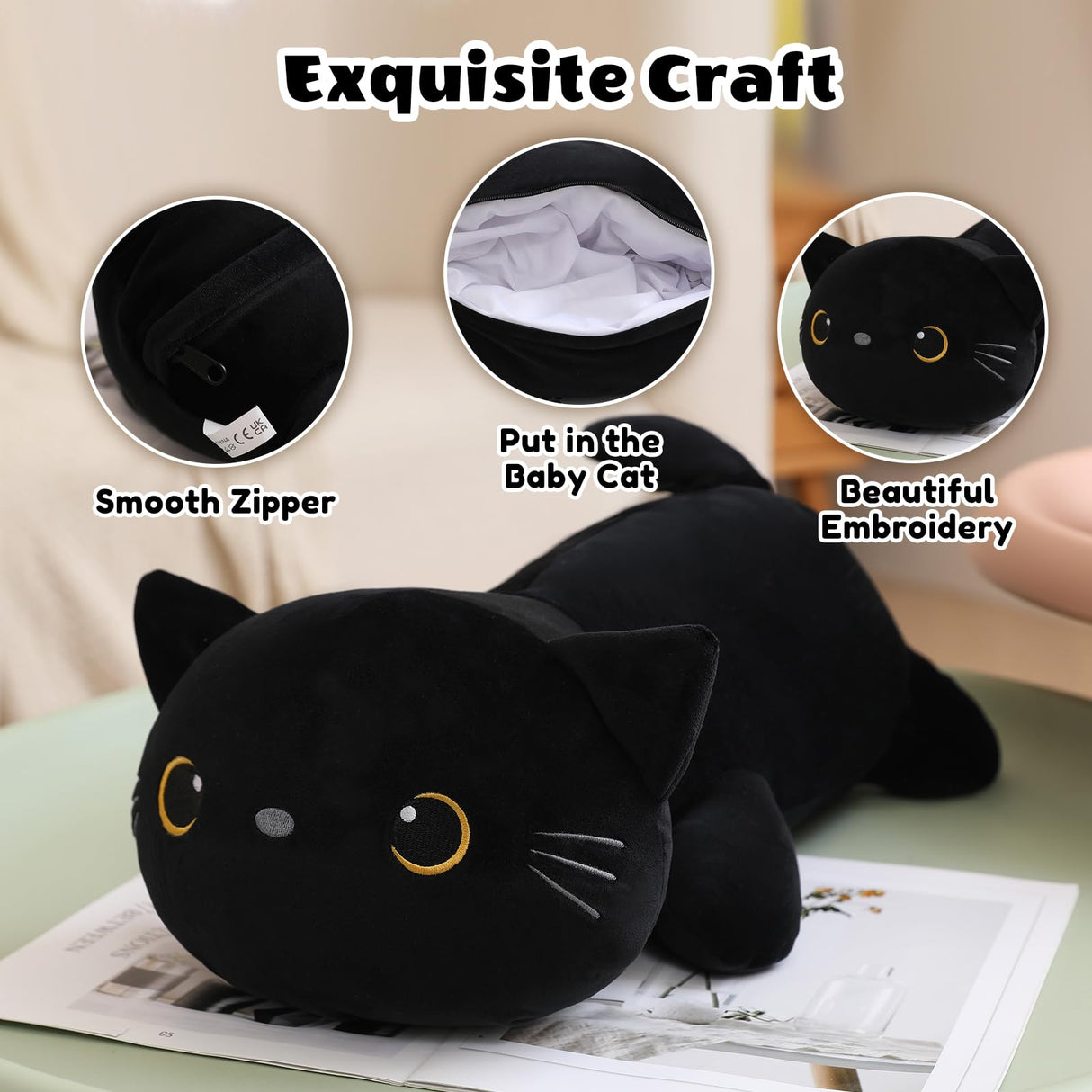 SQEQE Black Cat Mommy Stuffed Animal with 4 Babies Cat in her Tummy, Cute Black Cat Plush Toys for Kids, Gifts Ideal for Christmas, Valentine's, Birthday