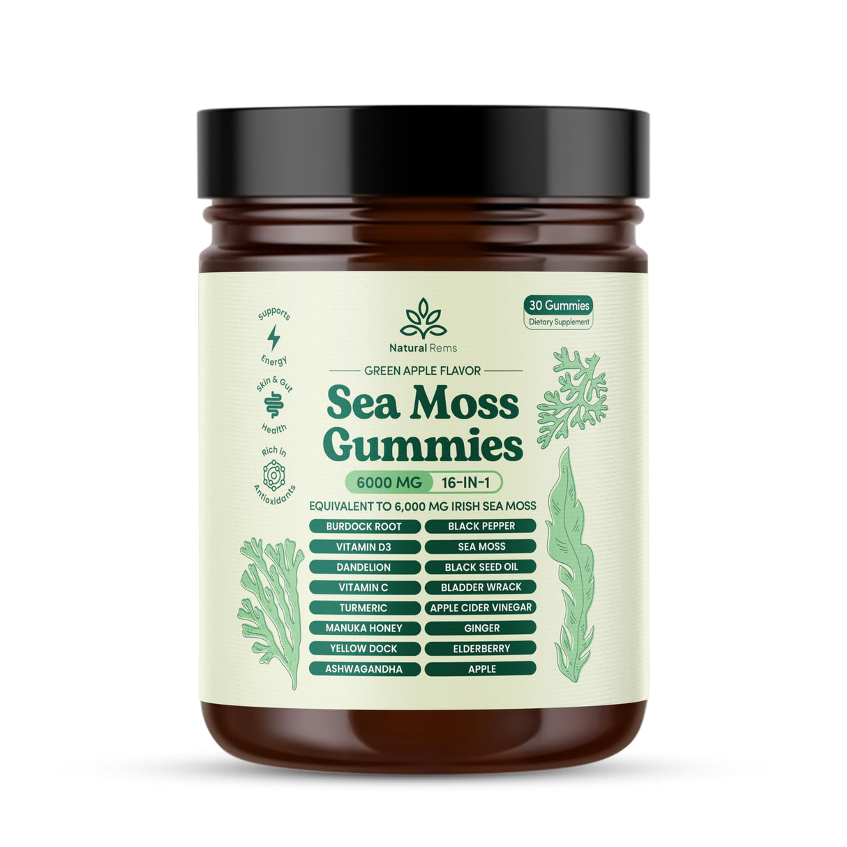 Natural Rems Sea Moss Gummies 16-in-1 - Ashwagandha Black Seed Oil Bladder Wrack Turmeric Vitamin C & D3 with Manuka Burdock Root Dandelion Yellow Dock Elderberry Apple Cider Vinegar (Green Apple)