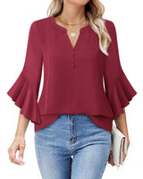 Bebonnie Womens Blouses Dressy Casual: Ruffle 3/4 Sleeve Button Down Shirts - Dinner Christmas Holiday Outfits - Dress Shirts Fancy Wedding Guest Evening Wear for Curvy Women Wine Red XL