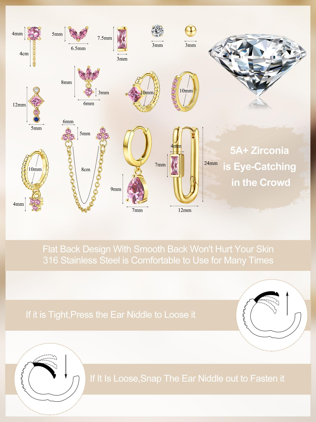 Sanfenly Stud Earrings Small Hoop Earrings Set for Women Gold Pink CZ