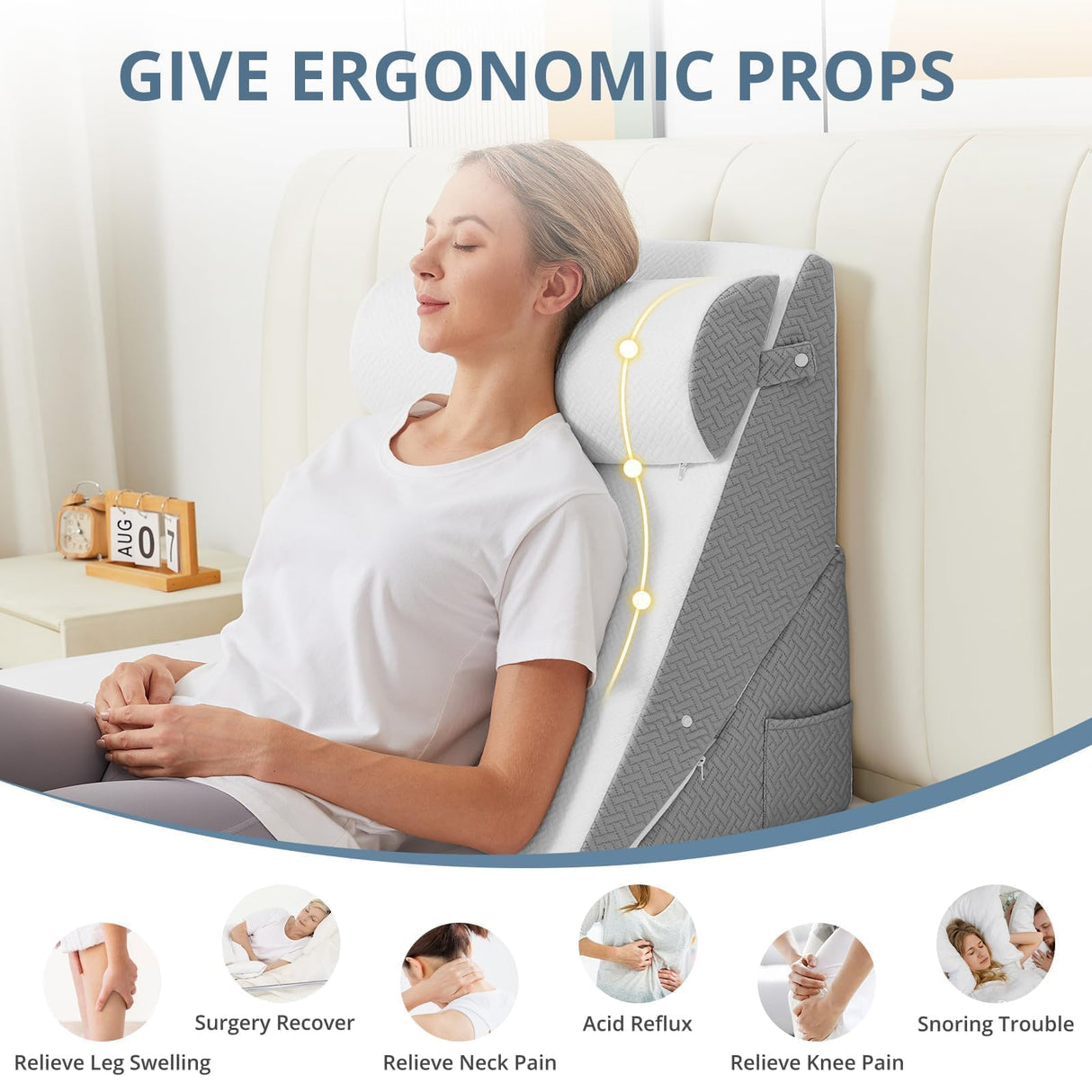 Sasttie Wedge Pillow for Headboard, Adjustable Bed Wedge Pillow Set with Orthopedic Memory Foam Neck Cushion – for Acid Reflux, Neck & Back Support, and Post-Surgery Recovery, White and Dark Grey