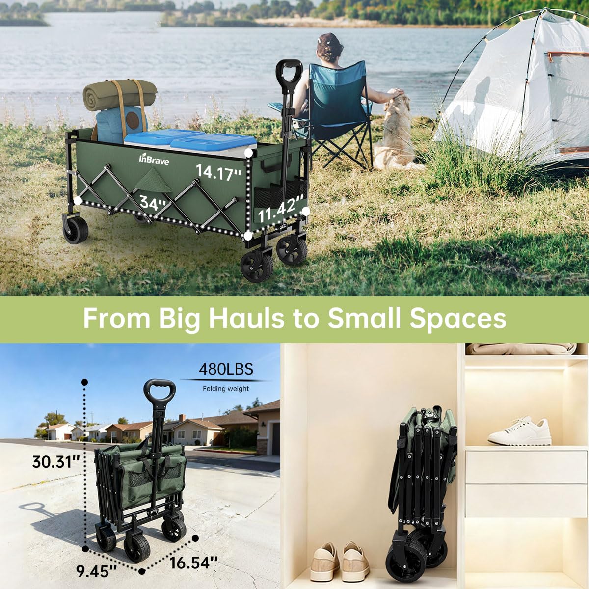 InBrave 34" Extra Long Collapsible Wagon Cart, 360LBS Capacity, Army Green