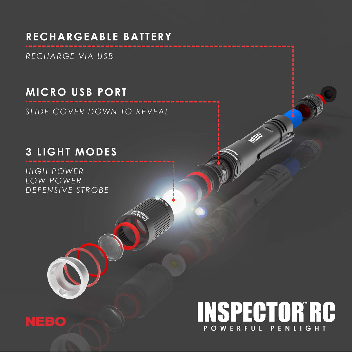 NEBO INSPECTOR RC Pen Light | 360 Lumens, 3 Light Modes, Rechargeable & AAA Battery Powered LED Flashlight, Waterproof, Compact & Durable, Pocket Clip for EDC, Includes USB Charging Cable