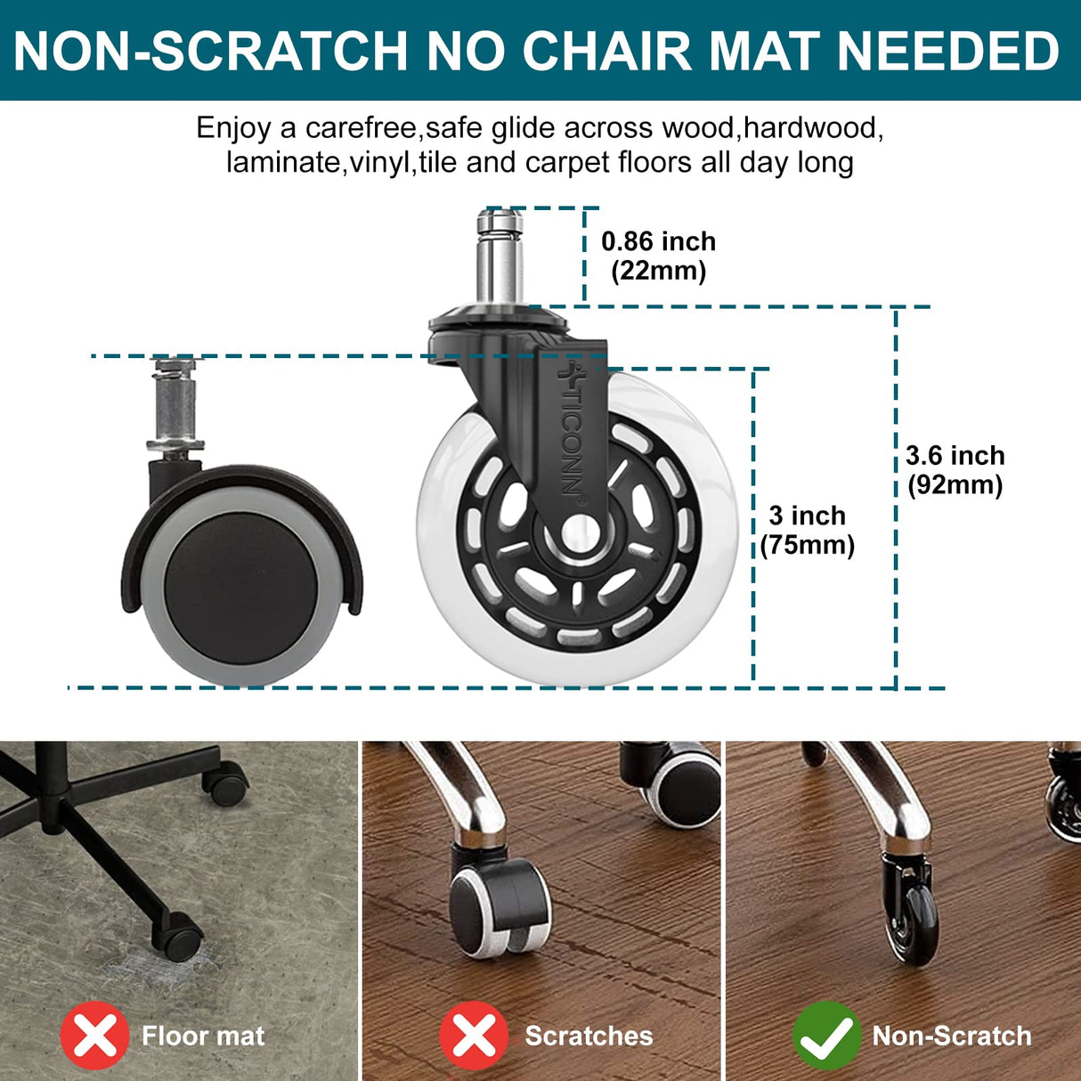 TICONN Office Chair Caster Wheels Set of 5 for Tile, Hardwood Floors and Carpets, Universal Fit for Most Chairs (Transparent)
