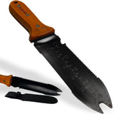 Hori Hori Garden Knife, 7" Full Tang Thick Stainless Steel Blade, Multi-Edge Design with Serrated Edge & Hook Cutter, Depth Markings, Heavy Duty Garden Tool with Sheath for Digging, Weeding & Planting