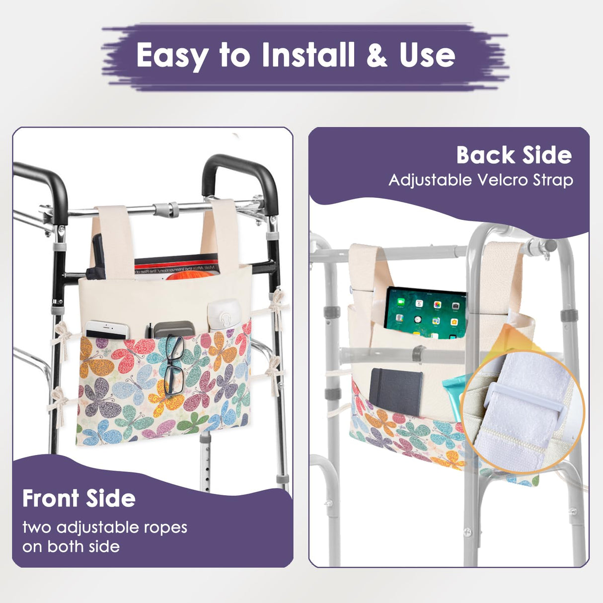 TOGETRUE Walker Bag, Handy Walker Basket with Water Cup Holder, Walker Accessories Storage Bag for Folding Walker, Wheelchairs, Strollers, 15"x11.5" (Butterfly)