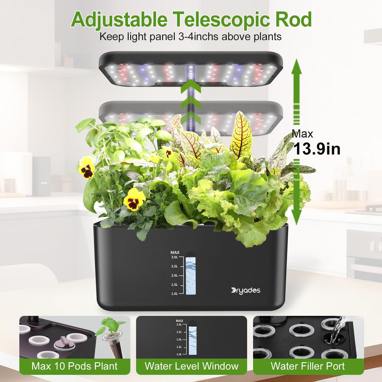 Dryades Indoor Garden 10 Pods Hydroponics Growing System w/LED Grow Light