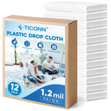 TICONN 12 x 9 Ft Plastic Drop Cloth for Painting, Waterproof Painters Plastic Sheeting, Painting Tarp for Furniture Cover, Floor Protection (12PK, 1.2Mil)