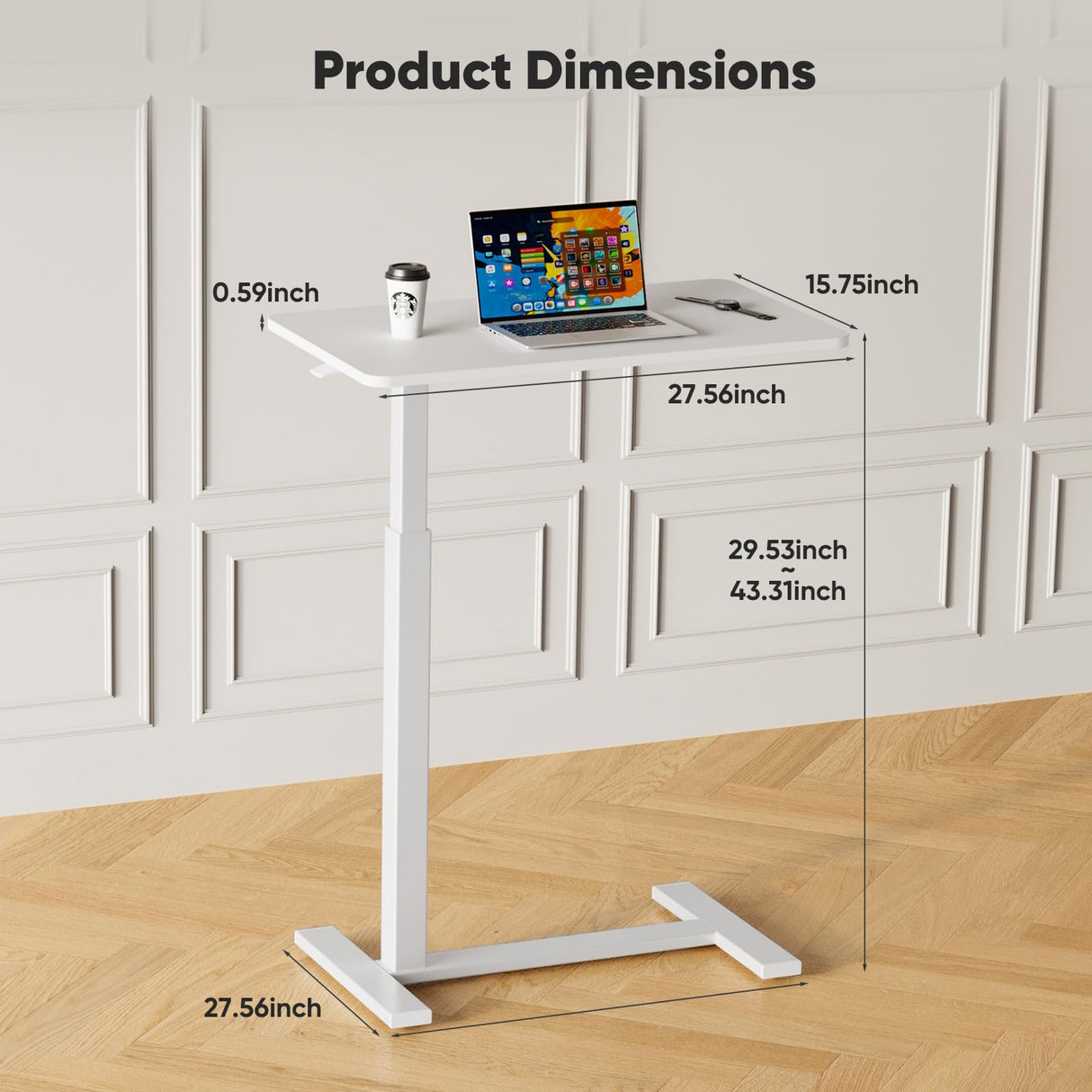 Sweetcrispy Overbed Bedside Table with Wheels, Adjustable Hospital & Home Use Bed Table, Rolling Laptop Table, Mobile Standing Desk, White