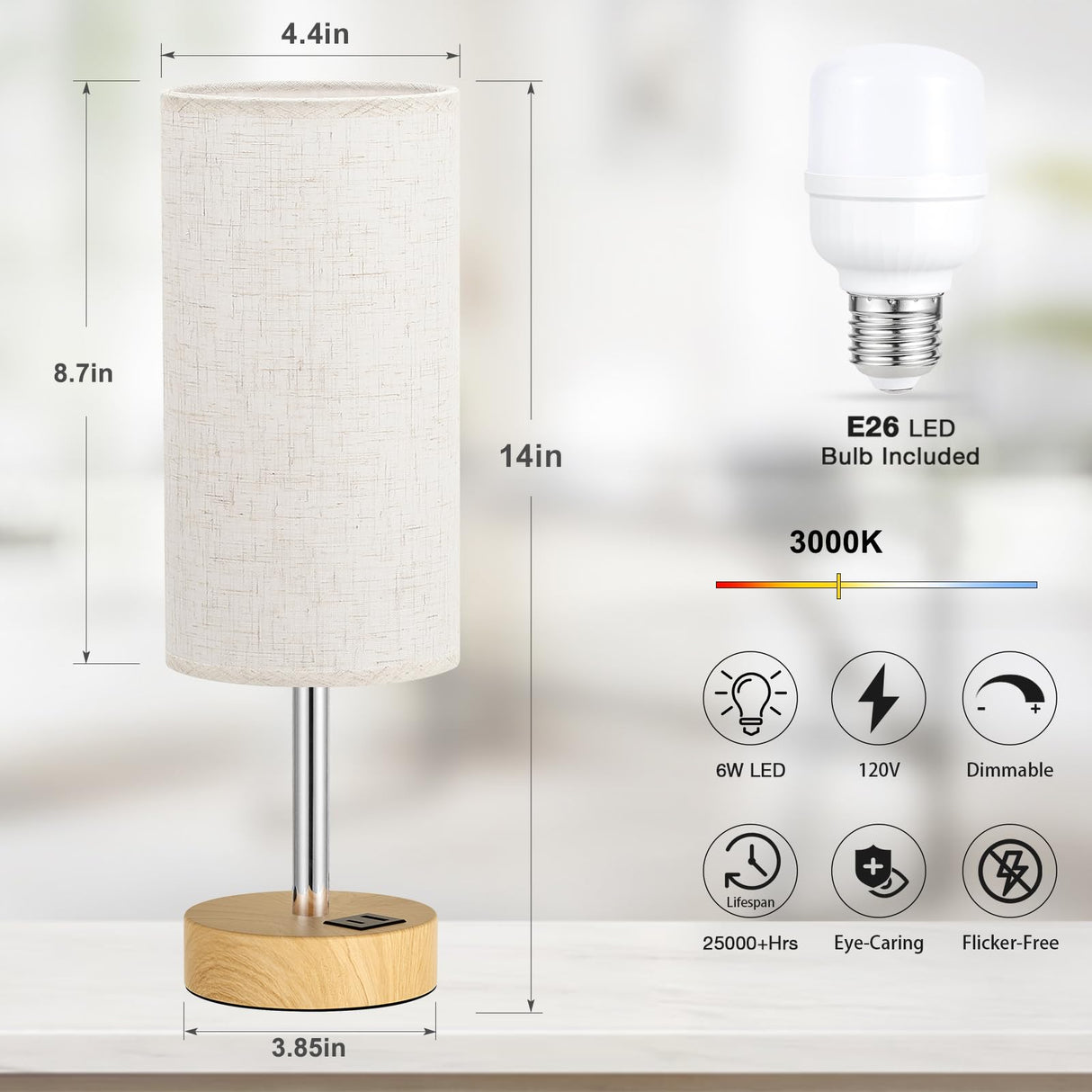 Dicoool Touch Bedside Table Lamp with USB - 3 Way Dimmable Wood Lamp for Bedroom Nightstand, Desk Lamp with Charging Station for Dorm, Living Room, Office, Kids Room, Small, 14in